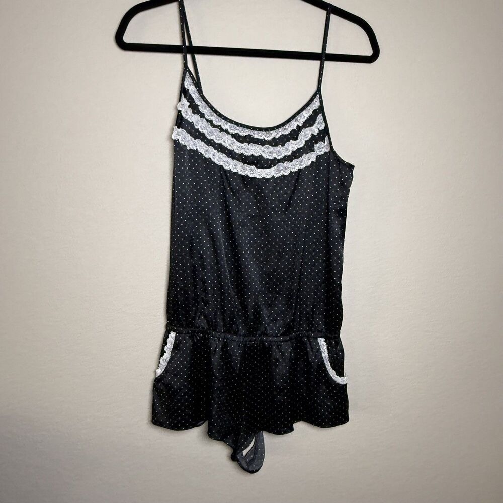 Victoria's Secret Y2K Black White Polka Dot Lace Teddy Romper Cami Medium